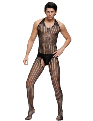 Black Stripe Detail Fishnet Open Back Body Stocking For Men