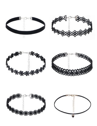 6pcs Black Sexy Lace Velvet Neck Ring Set