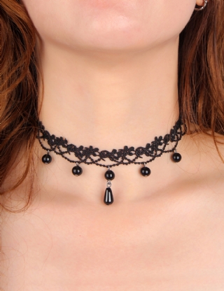 Black Sexy Lace Floral Bead Pendant Necklace